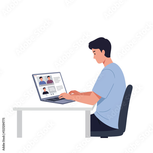 Person using laptop to view profiles in a flat vector illustration