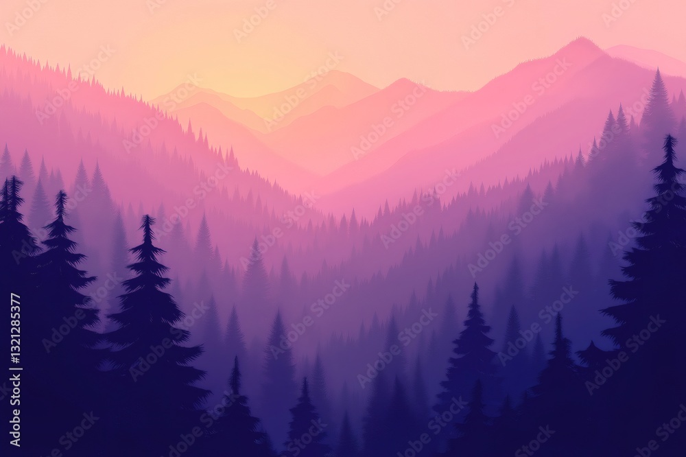 Obraz premium Stunning purple and pink gradient emerging from a misty forest silhouette during a breathtaking sunset, creating a serene atmosphere