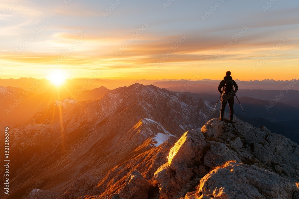 Sunset view from a mountain peak with a hiker overlooking distant ranges and valleys Sunset view from a mountain peak with a hiker overlooking distant ranges and valleys