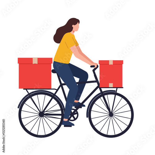 Woman riding bicycle with red boxes in flat vector art style