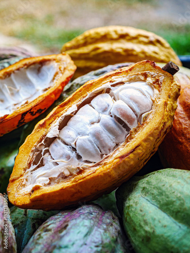 Close-up of ripe yellow cacao pod with Half sliced white cocoa seed ,Cut in half fresh ripe cacao and green raw cacao fruit