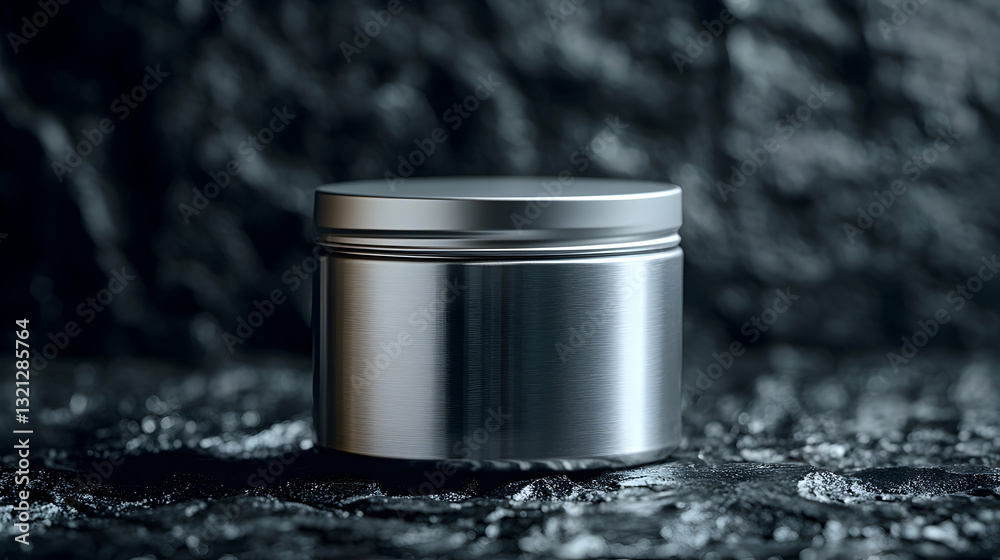 Silver Metallic Container on Dark Textured Surface a Product Shot with Cylindrical Shape Smooth Finish and Studio Lighting Silver Metallic Container on Dark Textured Surface a Product Shot with Cylindrical Shape Smooth Finish and Studio Lighting