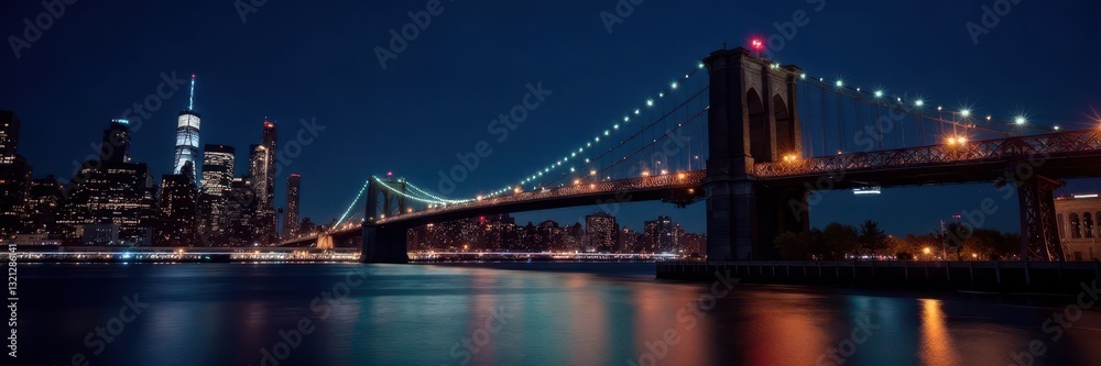 Obraz premium Illuminated Brooklyn Bridge cables, city lights reflecting on water, city lights, architecture, structure