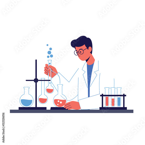 Scientist conducting experiments with colorful liquids in flat vector art