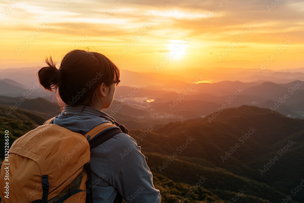 Hiker enjoys sunset view from mountain peak surrounded by rolling hills and valleys during evening adventure Hiker enjoys sunset view from mountain peak surrounded by rolling hills and valleys during evening adventure