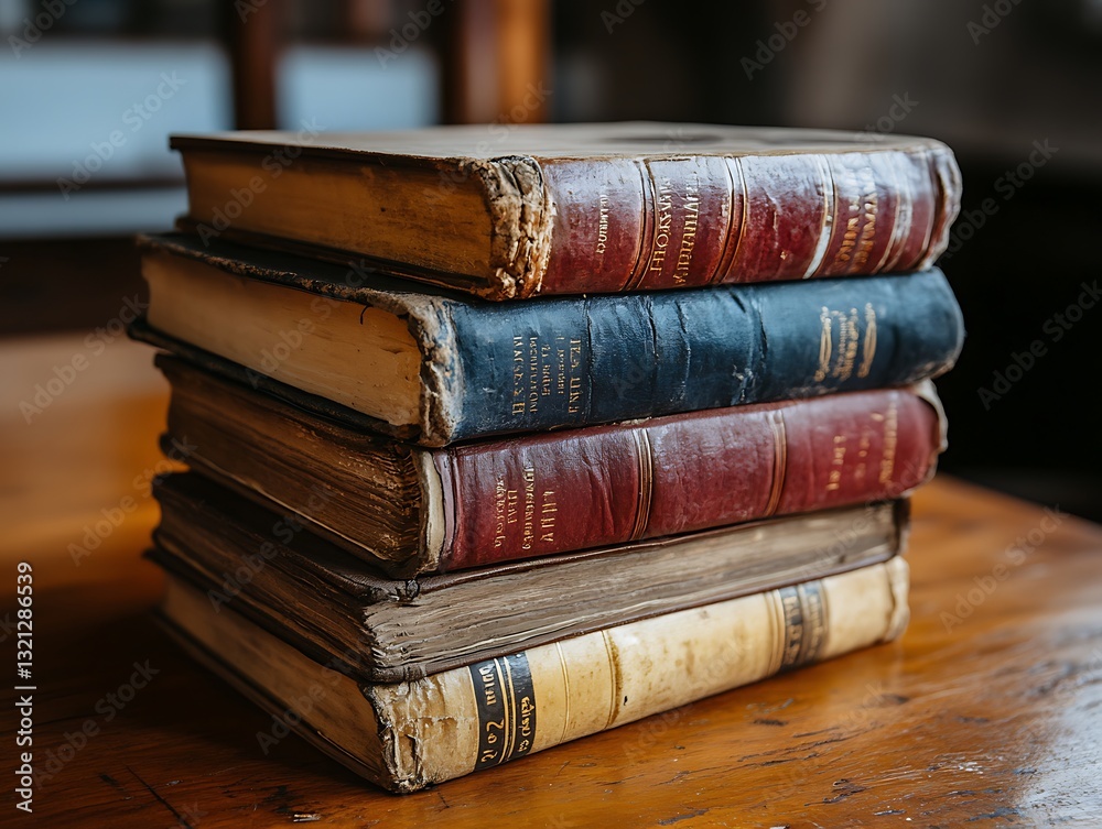 Naklejka premium Stack of antique books on wooden table.