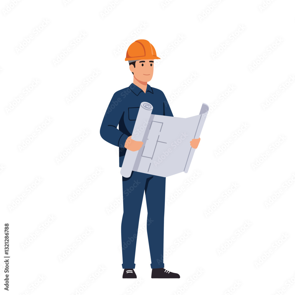 Construction worker holding blueprints in minimal flat design vector art Construction worker holding blueprints in minimal flat design vector art