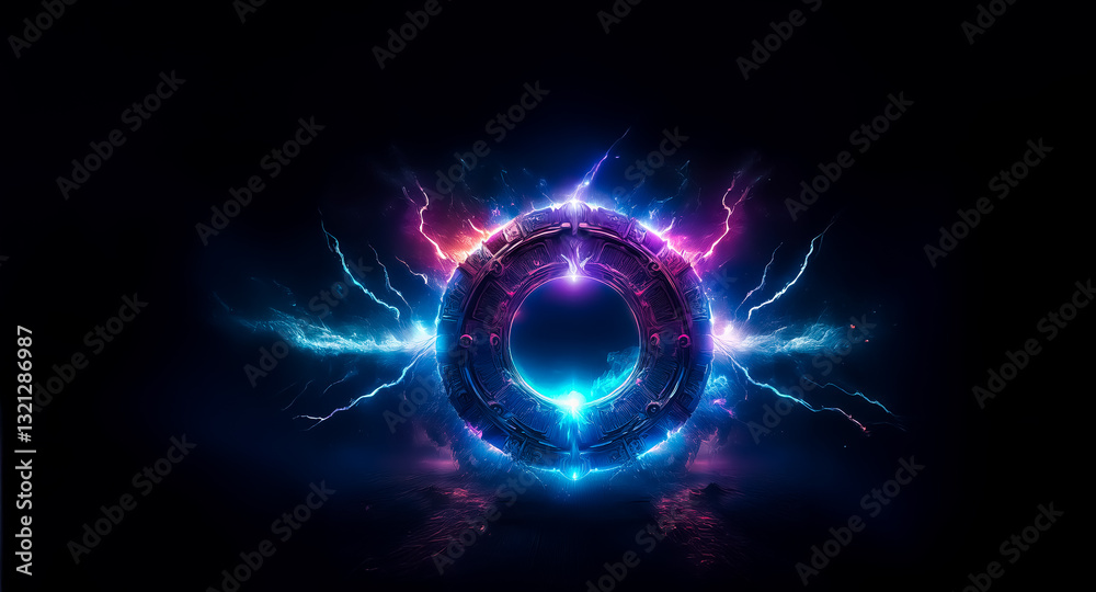 Obraz premium A luminous circular object emits electric sparks in blue, purple, and pink hues against a dark background. Energetic and vibrant display of light.