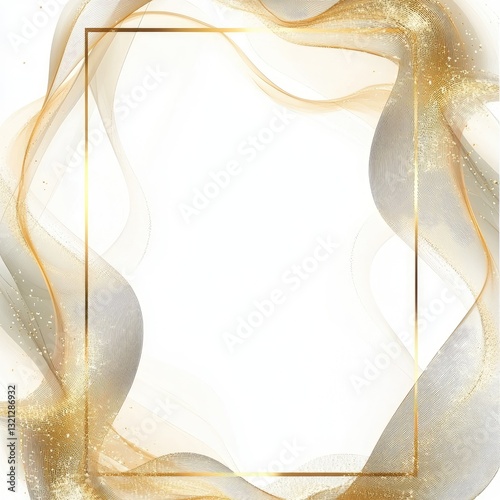 Elegant gold frame with flowing, textured, shimmering,  beige and grey ribbons photo