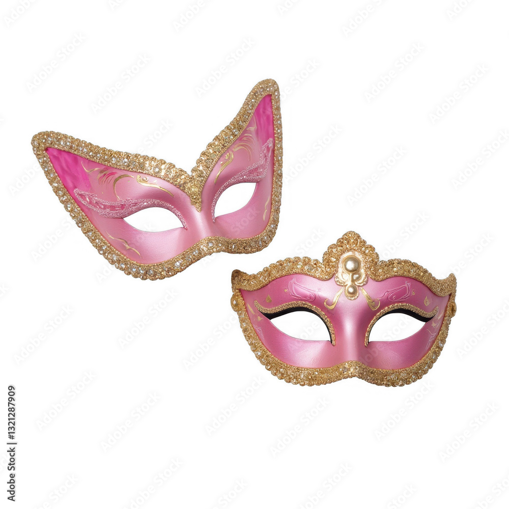 Fototapeta premium Elegant decorative masks, vibrant pink and gold detailing, perfect for costume parties or theatrical performances, eye-catching design. Isolated on white background or PNG