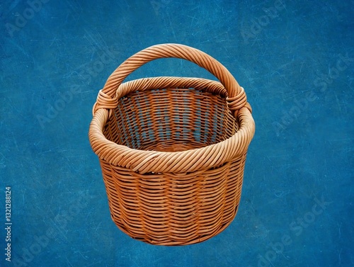 The blue background in the picture is a brown rattan basket woven from finely woven rattan. It is strong and has a handle. It is lightweight and has a beautiful and detailed weaving pattern. 