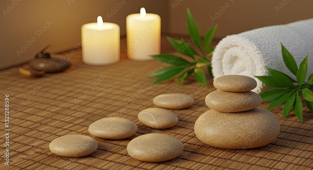 Stacked Stones and Candles for Relaxation Wellness and Spa Treatment Stacked Stones and Candles for Relaxation Wellness and Spa Treatment