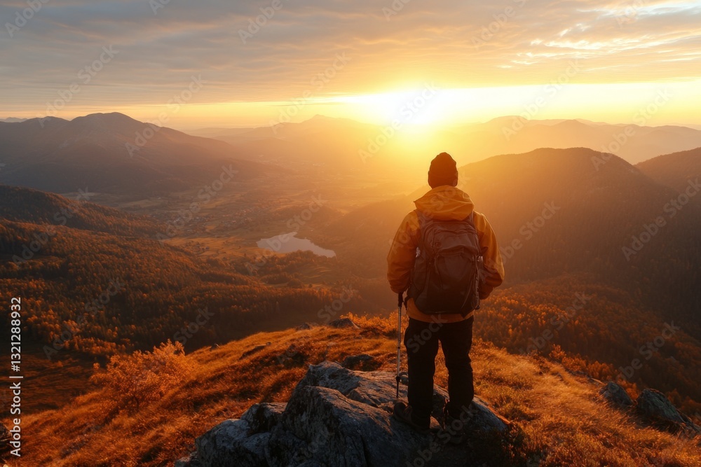 Fototapeta premium Person enjoys a breathtaking sunset view from a mountain top after a day of hiking in the autumn season