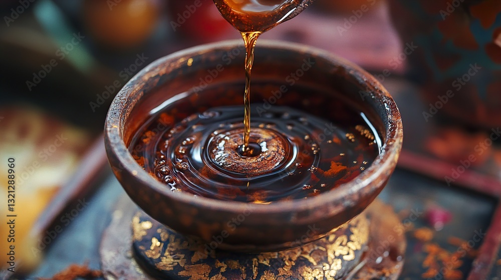 Fototapeta premium Pouring Dark Liquid into Antique Bowl: Close-Up Macro Shot