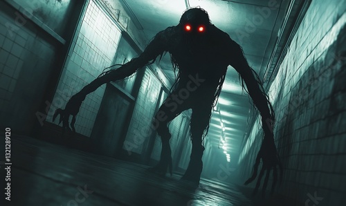 Nightmarish encounter with a shadowy figure with glowing red eyes in a dark corridor