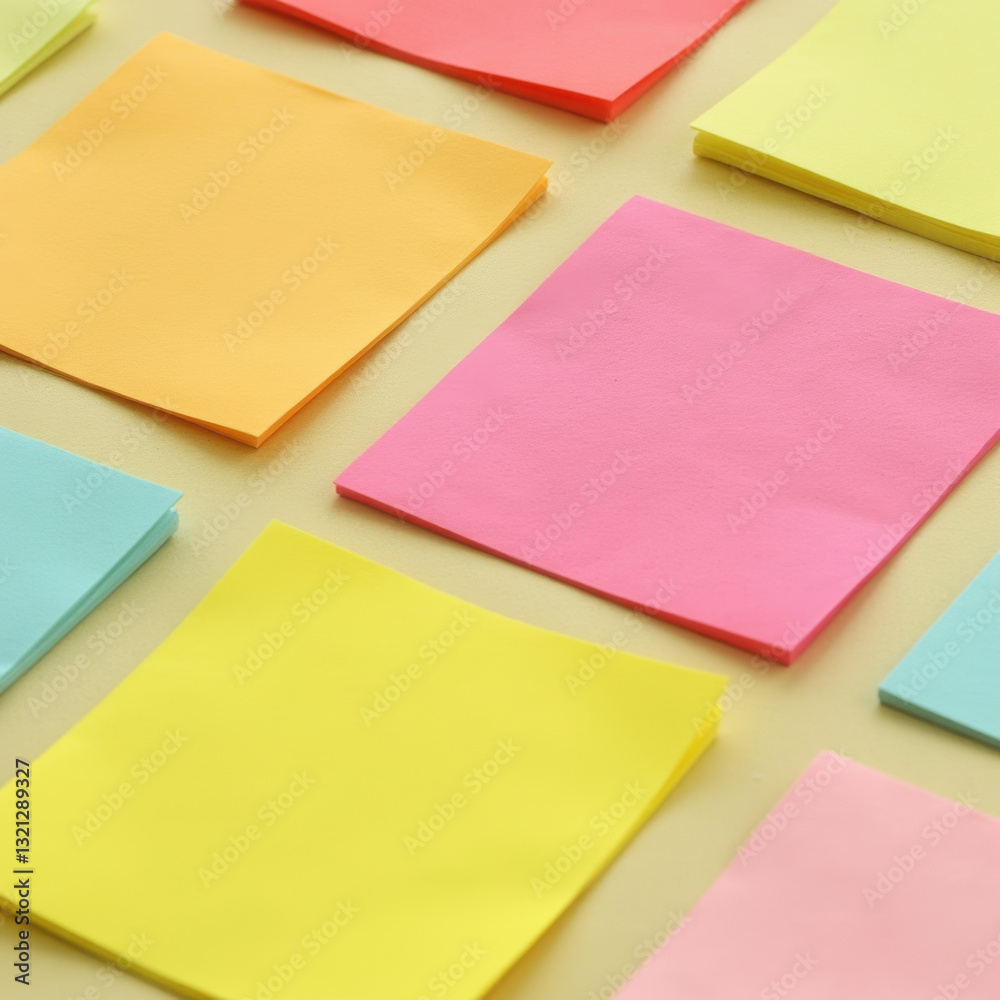 Colorful sticky notes scattered on a desk, vibrant pastel hues, ideal for reminders and creative brainstorming activities. Colorful sticky notes scattered on a desk, vibrant pastel hues, ideal for reminders and creative brainstorming activities.