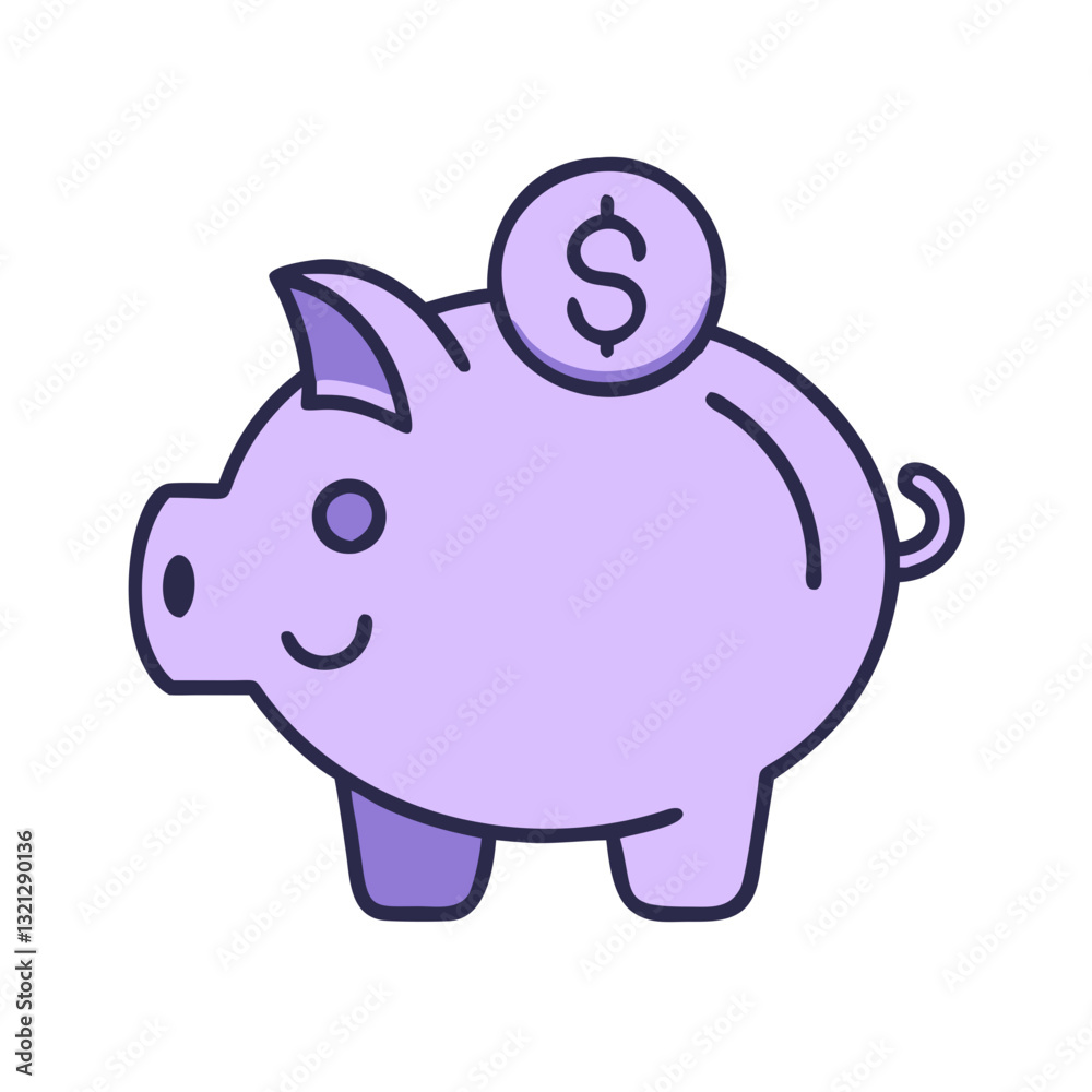 Obraz premium Purple piggy bank with coin, savings concept, financial planning, money management, investment strategy, banking illustration, budget planning, economic security, digital finance, wealth accumulation