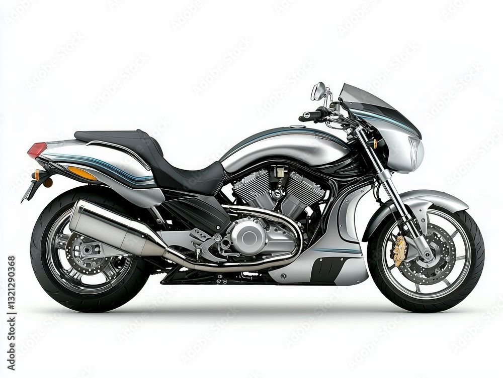 Sleek silver motorcycle with modern design and chrome accents. Sleek silver motorcycle with modern design and chrome accents.