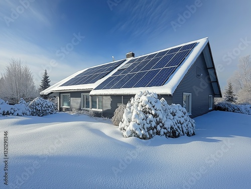 Snow-Covered Family Home with Solar Panels: A Model of Sustainable Architecture and Renewable Energy in Suburban Landscape