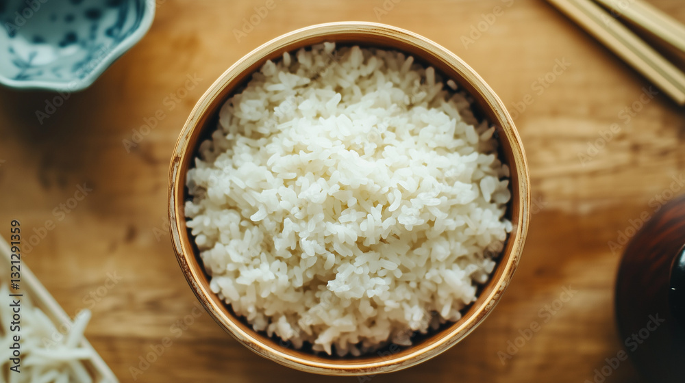A simple serving of white rice in a wooden bowl, overhead shot. A simple serving of white rice in a wooden bowl, overhead shot.
