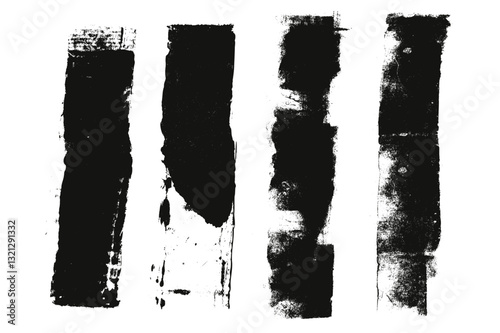 Straight thick grunge underlines. Linocut rolled brush stroke set. Handmade ink rectangle rough stamps. Vector black paint lines shapes. Dry marker or brayer smear textures. Distressed figures.