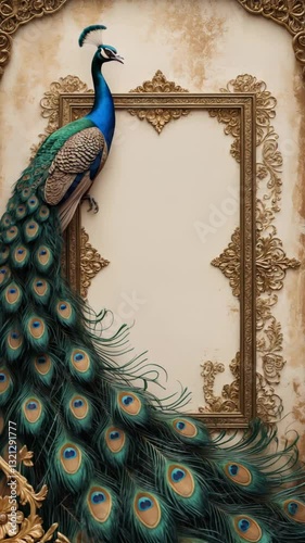 Richly detailed royal peacock-themed background, perfect for elegant and upscale wedding invitation Instagram stories.