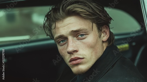 Portrait of a Young Man with Freckles and Wet Hair in a Car