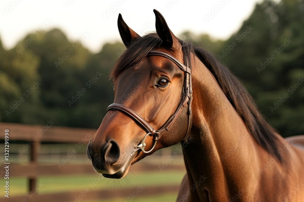 Obraz premium Majestic brown horse stands elegantly in a serene pasture during golden hour, showcasing its beauty and grace