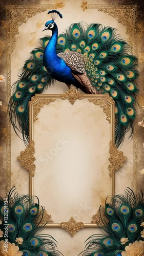 Luxurious wedding background featuring a majestic peacock in an ornate frame, perfect for elegant and sophisticated invitations.
