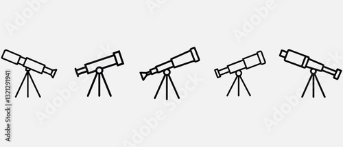 Black and White Outline of Telescopes on Tripods Set – Astronomy and Stargazing Icons