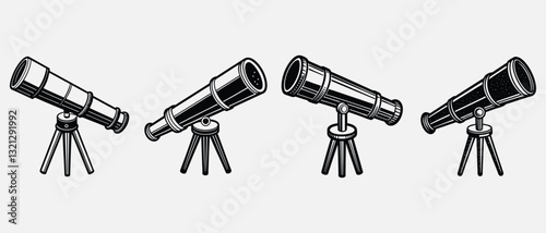 Detailed Black and White Telescope Icons on Tripods Set – Astronomy and Space Observation
