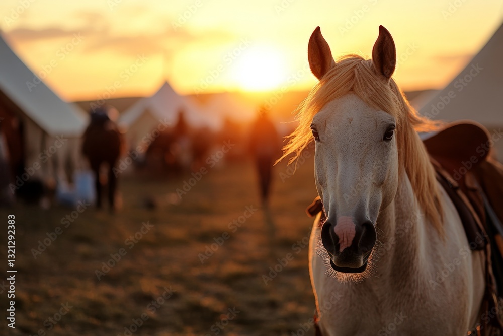 Obraz premium Horse stands majestically in golden sunset at outdoor event with tents nearby and people milling around