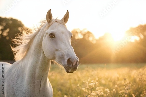 Majestic white horse stands gracefully in a sunlit meadow with wildflowers at sunset