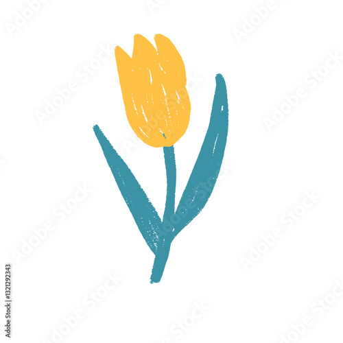 Tulip flower crayon drawn. Spring crocus plant doodle isolated on white background. Summer floral kids element. Chalk or pastel style childish scrawl nature shape. Vector naive illustration by pencil.