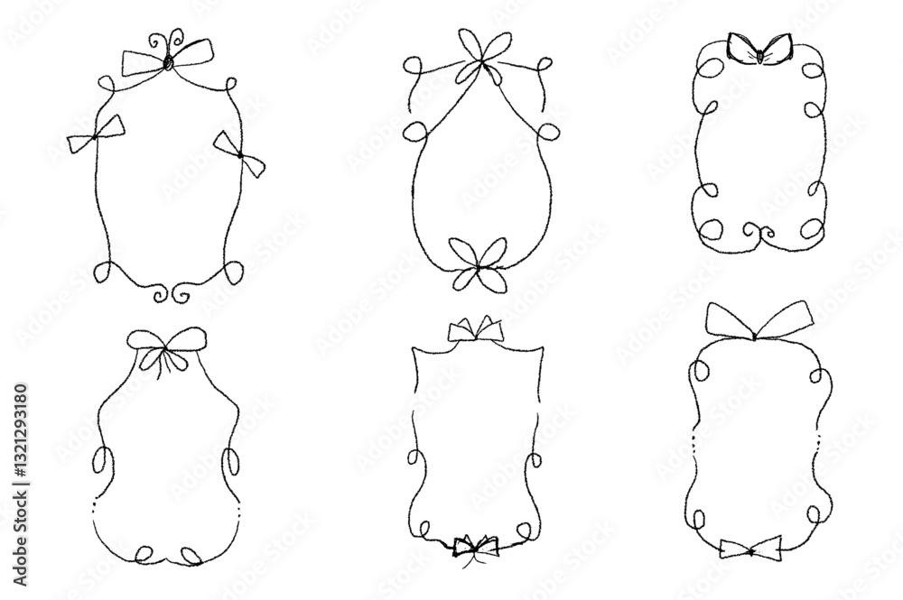 Vintage bows coquette frames set. Charcoal or pencil drawing Christmas decoration. Vector black borders for birthday party, picnic invitation. Templates with ribbon for festive and journal emphasis.