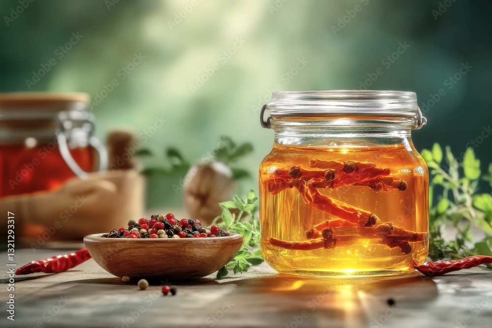 A jar of golden honey paired with a peppercorns. Generative AI A jar of golden honey paired with a peppercorns. Generative AI