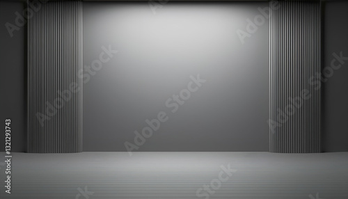 A Minimalist Stage Awaits The Spotlight, Poised For A Dramatic Performance, With Sleek Grey Curtains And A Pale Wooden Floor