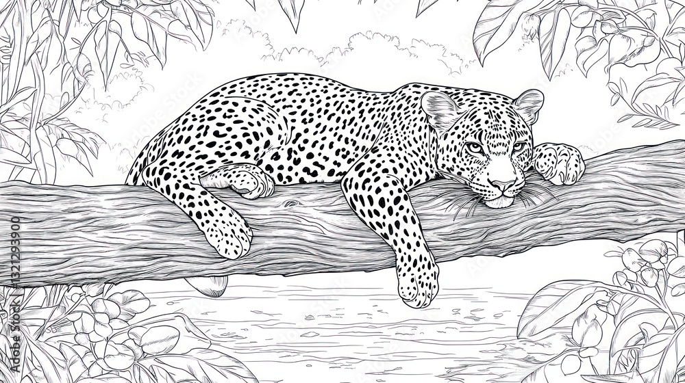 Obraz premium Leopard resting on branch, jungle background, coloring page (1)