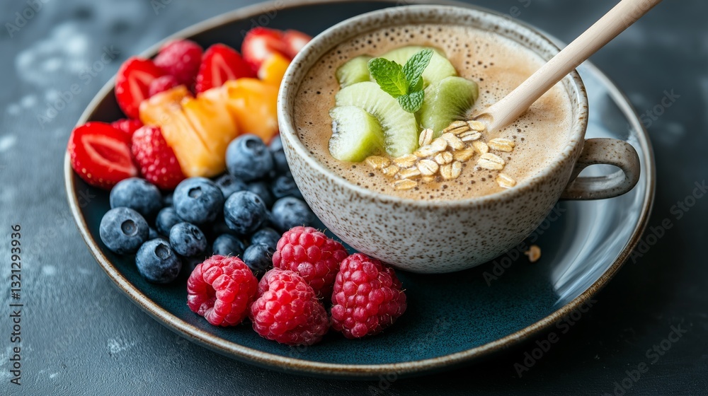 Morning breakfast setting with organic smoothie bowl and fresh fruit assortment at a cozy kitchen table Morning breakfast setting with organic smoothie bowl and fresh fruit assortment at a cozy kitchen table