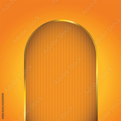 Yellow background with Gold arch, arch gate. Luxury minimal wall scene mockup product stage showcase, Banner promotion display. Abstract vector geometric forms.