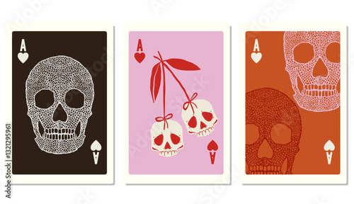 Set of 3 Halloween Ace of Hearts Playing Cards – Hand drawn Skull Cherries Gothic Art for T-Shirts, Posters & Web design