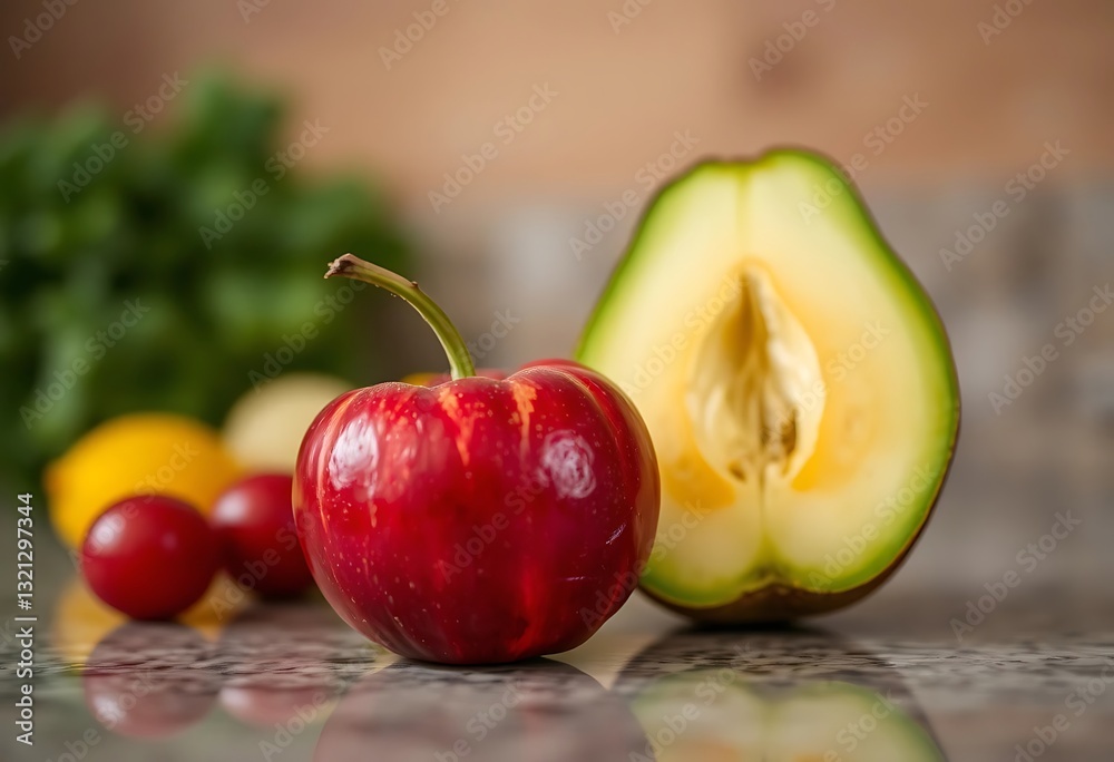 Fresh red fruit and cut avocado display on a counter surface Fresh red fruit and cut avocado display on a counter surface