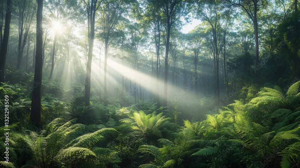 Obraz premium Enchanting Forest, Sunlight Filtering Through the Verdant Canopy, Creating an ethereal atmosphere