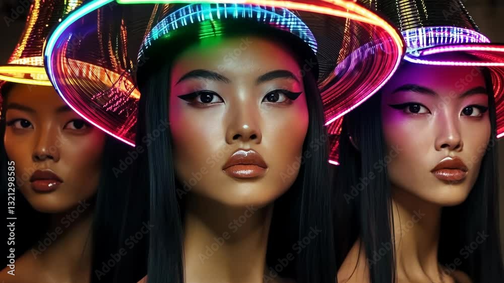 Striking portrait of models with neon accessories showcasing modern fashion in a vibrant setting