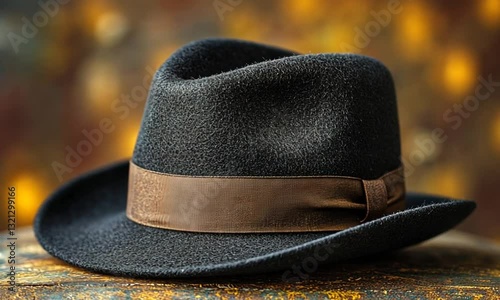 A stylish black fedora hat resting on a wooden surface with a blurred autumn background