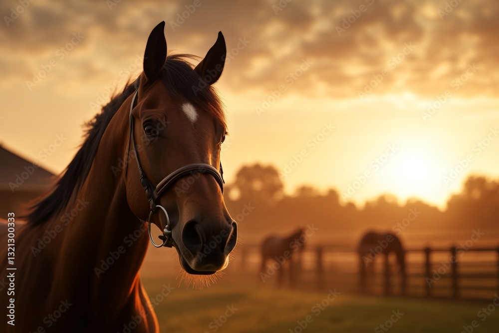Obraz premium Horse standing gracefully at sunset in a serene pasture with another horse in the background