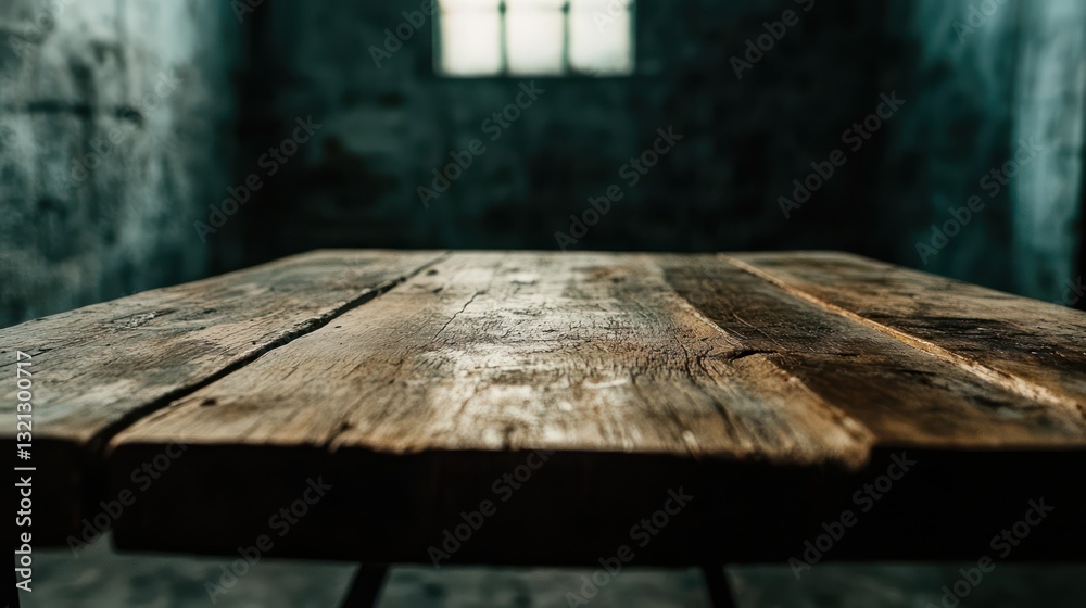 Rustic wooden table in dark, stone room Rustic wooden table in dark, stone room