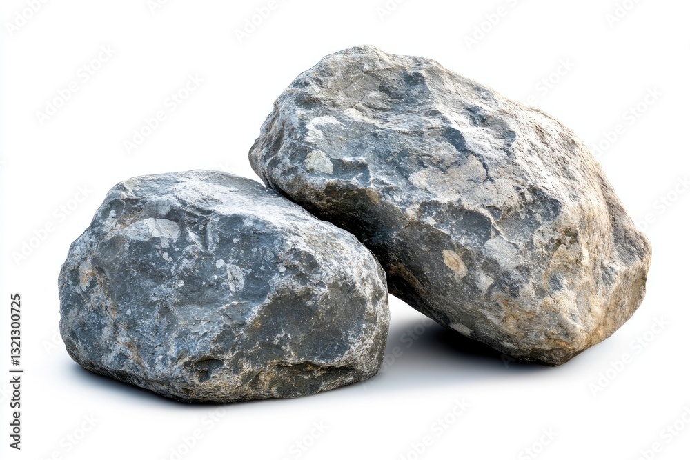 Two rough, gray rocks stacked on white background Two rough, gray rocks stacked on white background