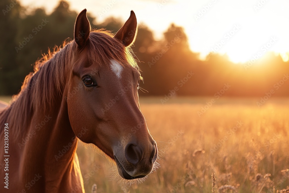 Obraz premium Majestic brown horse stands in golden grass during sunset in a serene countryside landscape