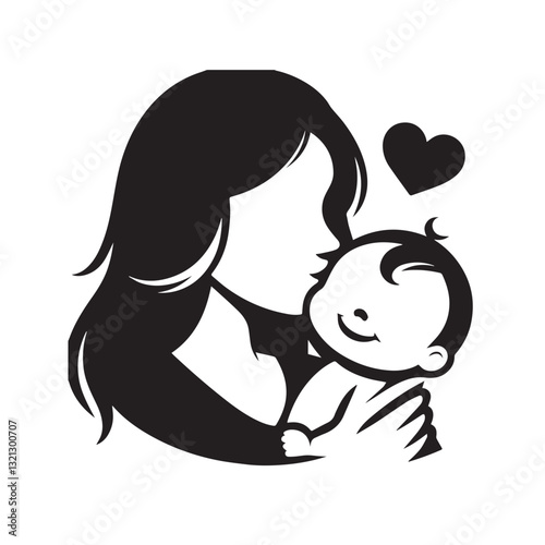 Mother and baby vector silhouette. Happy mom with baby vector design.
